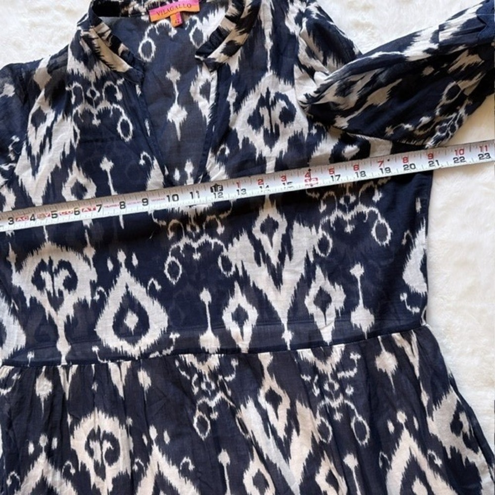Vilagallo Navy Tammy Ikat Print Tiered Midi Dress Rickrack Trim Split Neck L - Picture 7 of 10